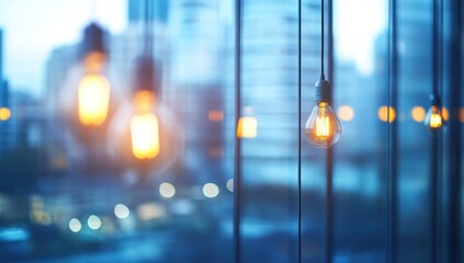 Fototapeta premium Illuminating Cityscape: A Single Light Bulb Against a Blurred Urban Background