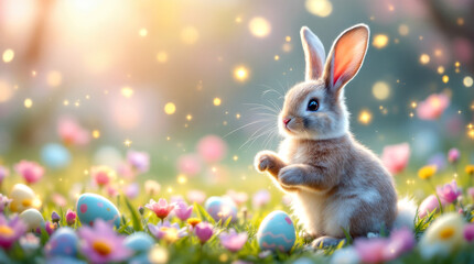 Adorable Bunny in a Spring Meadow with Colorful Easter Eggs and Blossoms. Easter concept
