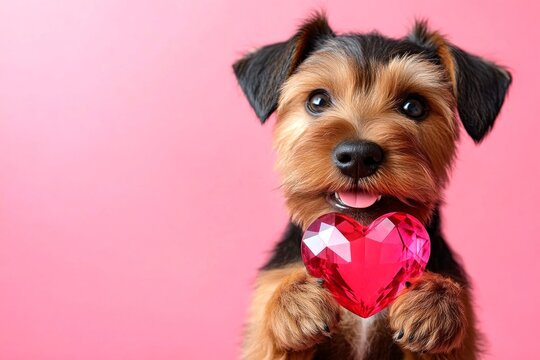 Cute airedale terrier canine with diamond red heart - sign of love, funny greeting card. Airedale terrier - my treasured dog. Ad campaign idea. Valentine's day concepts. Pet love quotes.