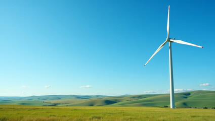 Obraz premium A minimalist wind turbine in golden fields with blue skies and mountain backgrounds [ spaces for text ]