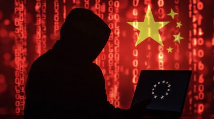 Cyber threat from China. Chinese hacker at the computer, on a background of binary code, the colors of the Chinese flag. DDoS attack. Eu flag on screen