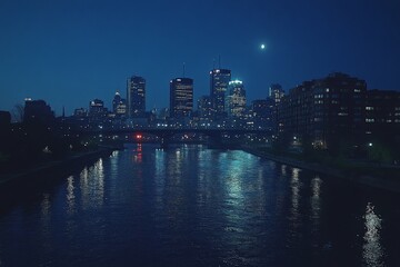 Obraz premium Nighttime cityscape with bridge and river reflecting lights in Montreal