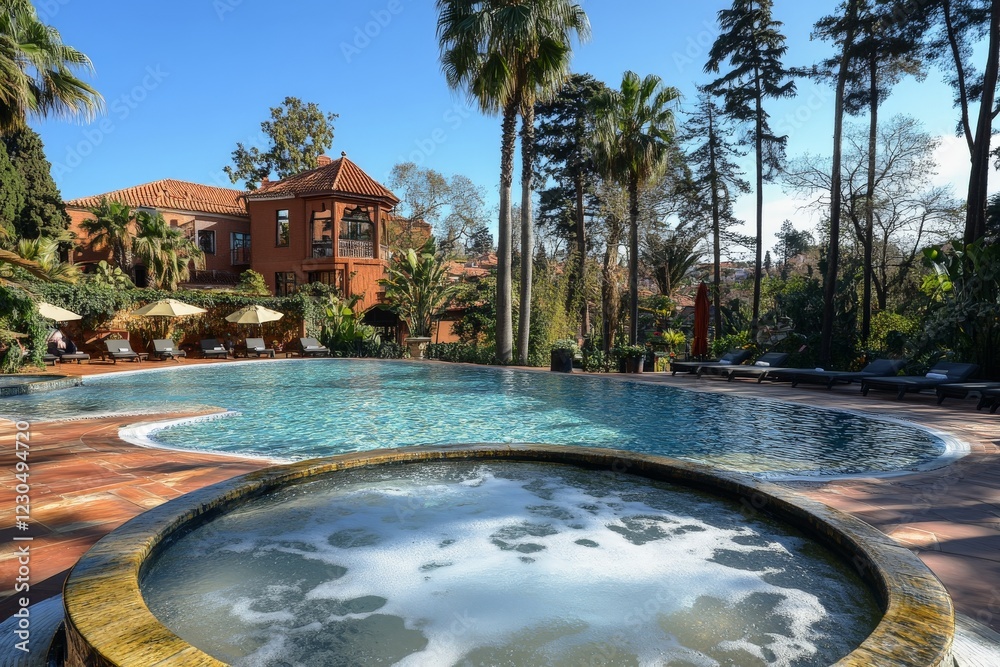 Poster beautiful resort pool area with palm trees and sun loungers in a tranquil setting