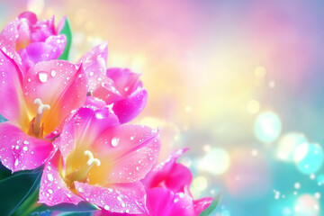 Fototapeta premium Vibrant pink tulips adorned with droplets of water bask in gentle pastel hues of a tranquil morning, creating a peaceful atmosphere. spring banner with copy space