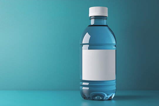 Plastic water bottle with blank white label on solid blue background, modern product packaging concept for hydration, branding, advertising, and commercial marketing design