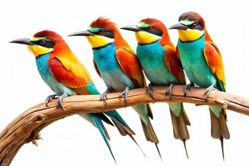 Obraz premium Vibrant Colorful Birds Perched on Branch, Isolated White Background - High-Resolution Stock Photo
