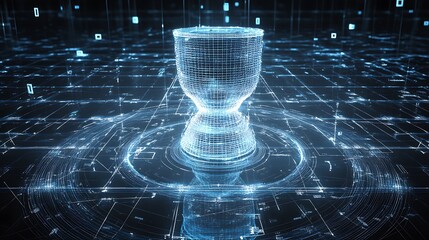 Abstract blue glowing hourglass on digital background