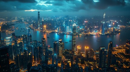 Obraz premium Smart city with particle glowing light connection design, big data connection technology concept. 3d rendering