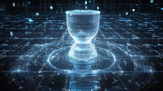 Abstract blue glowing hourglass on digital background