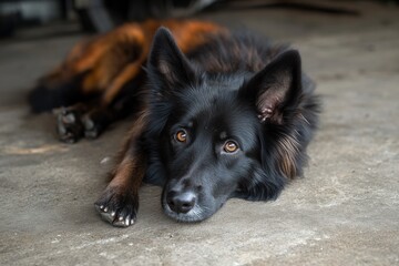 Fototapeta premium Black German Shepherd Lying on Ground