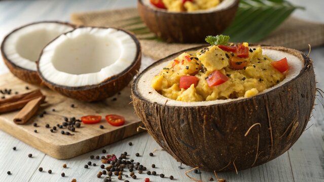 Delicious ackee and saltfish served in a coconut shell bowl with colorful spices and fresh ingredients