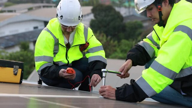 A dedicated solar technician, clad in a vibrant green uniform and equipped with a safety harness, diligently works on a solar roof, harnessing the sun's power to create a sustainable future.