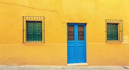 Vibrant yellow wall with blue door and green windows in a charming setting
