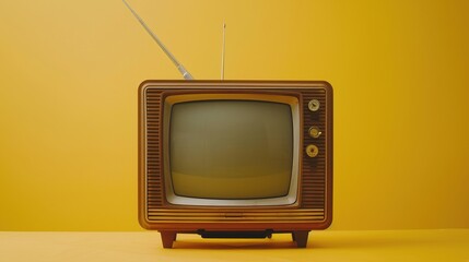 Retro vintage television set on a bright yellow background
