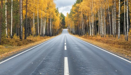 Fototapeta premium Empty road through autumn forest with golden trees
