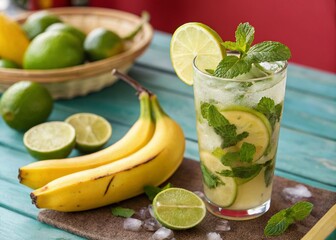 Fototapeta premium Vibrant Fruit Cocktail Mojito & Banana on Colorful Background - Summer Drink Stock Photo