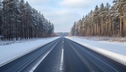 Obraz premium Straight winter road through snowy forest under clear sky.