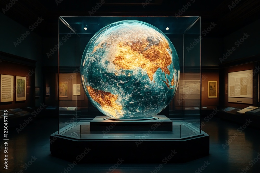 Poster Interactive globe display showcasing present-day global data in a modern exhibit hall