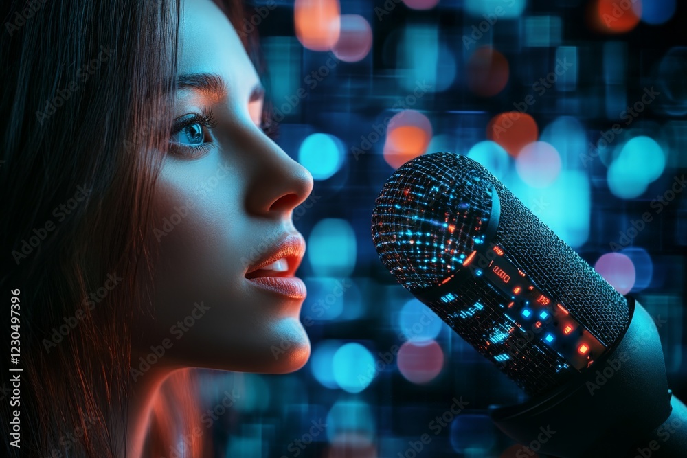 Poster Young woman singing into a sparkling microphone with colorful lights in the background during a performance at an evening event