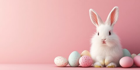 White rabbit on a pink background among Easter eggs. Easter and spring celebration concept. Spring card with space for text	
