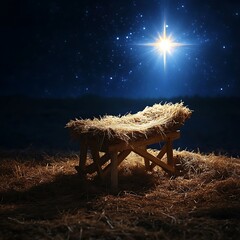 Radiant Star Shining Above Wooden Manger Filled with Hay on a Peaceful Night
