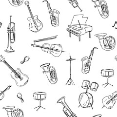 Musical instruments, seamless, pattern, set of illustrations, vector doodle
