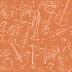 Musical instruments, seamless, pattern, set of illustrations, vector doodle