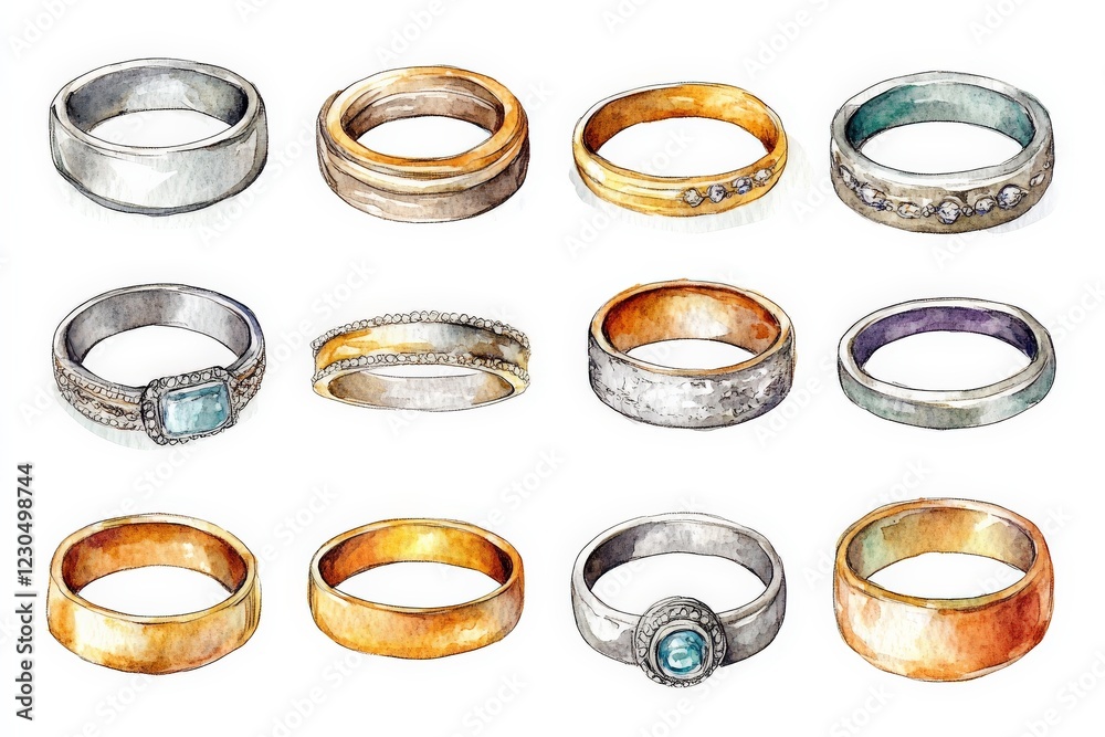 Aufkleber unique collection of handcrafted rings displayed on a white background with a variety of designs and
