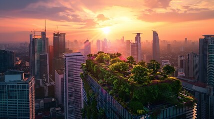 Fototapeta premium Breathtaking sunset over a futuristic city skyline with glowing clouds