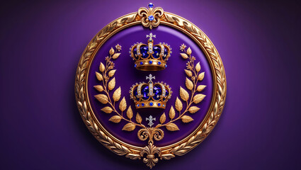 Purple royal emblem featuring a golden crown with intricate golden laurel wreath