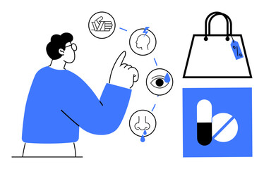 Person pointing at icons representing touch, taste, smell, hearing, and sight, next to a shopping bag with a price tag and a medication symbol. Ideal for shopping, e-commerce, healthcare medical