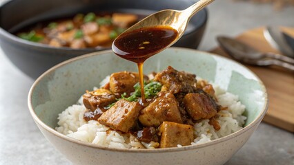 Delicious adobo sauce drizzled over a bowl of flavorful rice with tender chicken pieces and herbs
