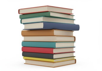 A neatly stacked pile of hardcover books in various colors with visible spines and pages isolated on a white background