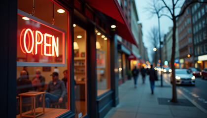 Dynamic urban environment with bright LED Open sign glowing above storefront entrance in busy street