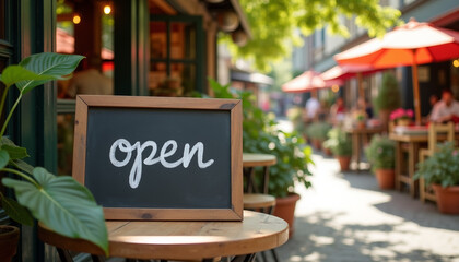 Rustic outdoor setup with Open sign on chalkboard leaning against wooden café table in sunny market