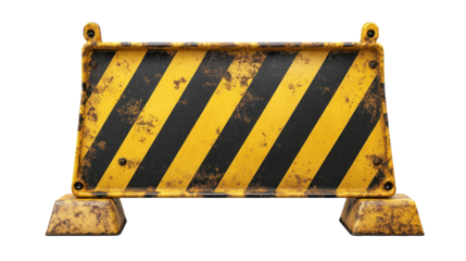 Construction zone barrier with yellow and black stripes for safety, isolated on a transparent background. PNG