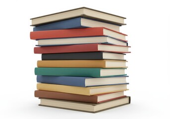 A neatly stacked pile of hardcover books in various colors with visible spines and pages isolated on a white background