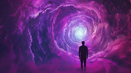 Mysterious figure standing in front of a glowing purple energy vortex
