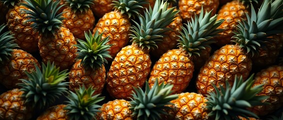 Fototapeta premium a close-up arrangement of multiple pineapples, creating a vibrant and dynamic visual. Each pineapple features a characteristic golden-yellow skin