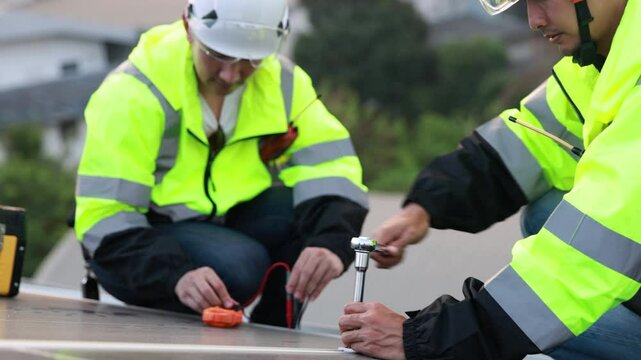 A dedicated solar technician, clad in a vibrant green uniform and equipped with a safety harness, diligently works on a solar roof, harnessing the sun's power to create a sustainable future.