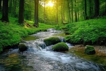 A tranquil mountain stream flowing through a lush, green forest, the scene peaceful and refreshing, capturing the beauty of nature in its purest form