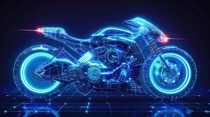 Glowing neon motorcycle with futuristic light effects on black background