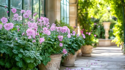 Vibrant Pink Flowers in Ornate Pots Garden