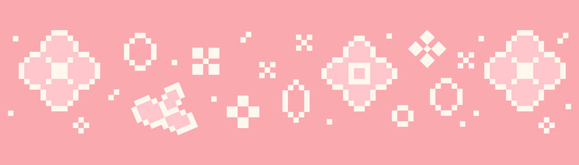 Sakura pixel seamless border, cherry flowers, petal blossom. 8 bit retro game decoration. Chinese plum spring ornament.