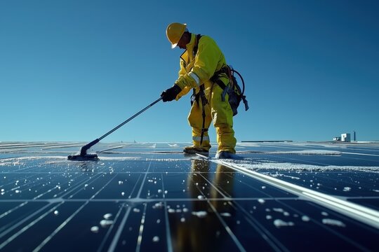 Technician cleaning solar panels on rooftop, wearing protective gear and harness for safety During maintenance of solar energy system, enhancing efficiency and performance