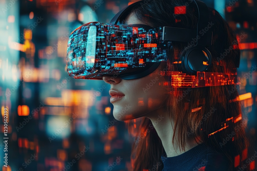 Poster woman experiences virtual reality technology with vibrant digital displays in a modern setting