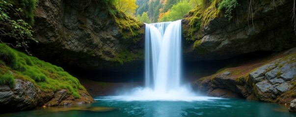 Waterfall cascade in a rocky cliffside with moss and lichen, #naturalwonders, #mossandlichen, #sereneescape