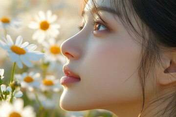 Fototapeta premium Young woman enjoying a sunny day surrounded by daisies in a vibrant outdoor setting