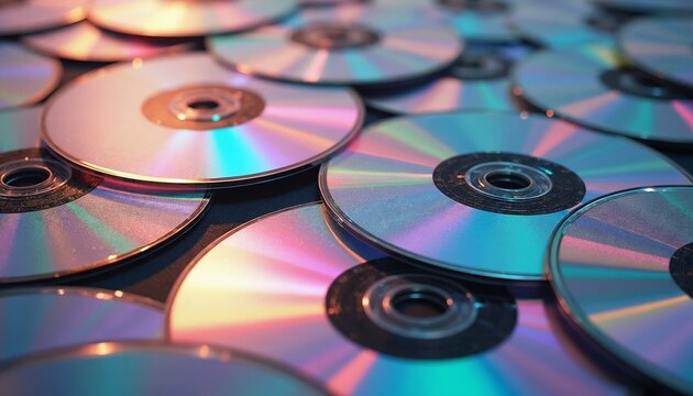Textured background of scattered DVDs with vibrant iridescent reflections for media and entertainment designs