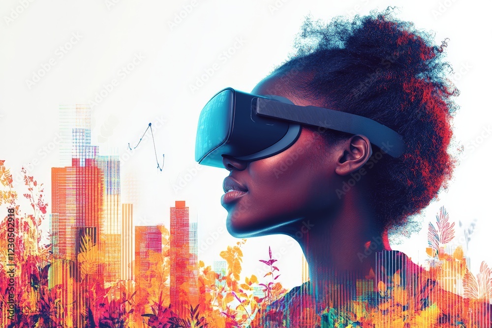 Aufkleber Exploring virtual worlds with immersive technology in an urban setting during daytime